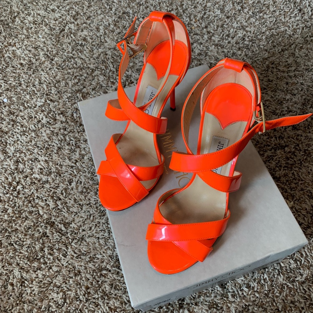 Jimmy Choo Patent Leather Lottie in Neon Flame